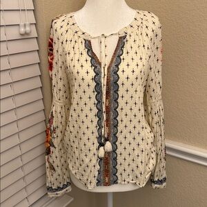 FARM Rio Anthropologie Diana Ivory Floral Print Peasant Tassel Top Women's Small